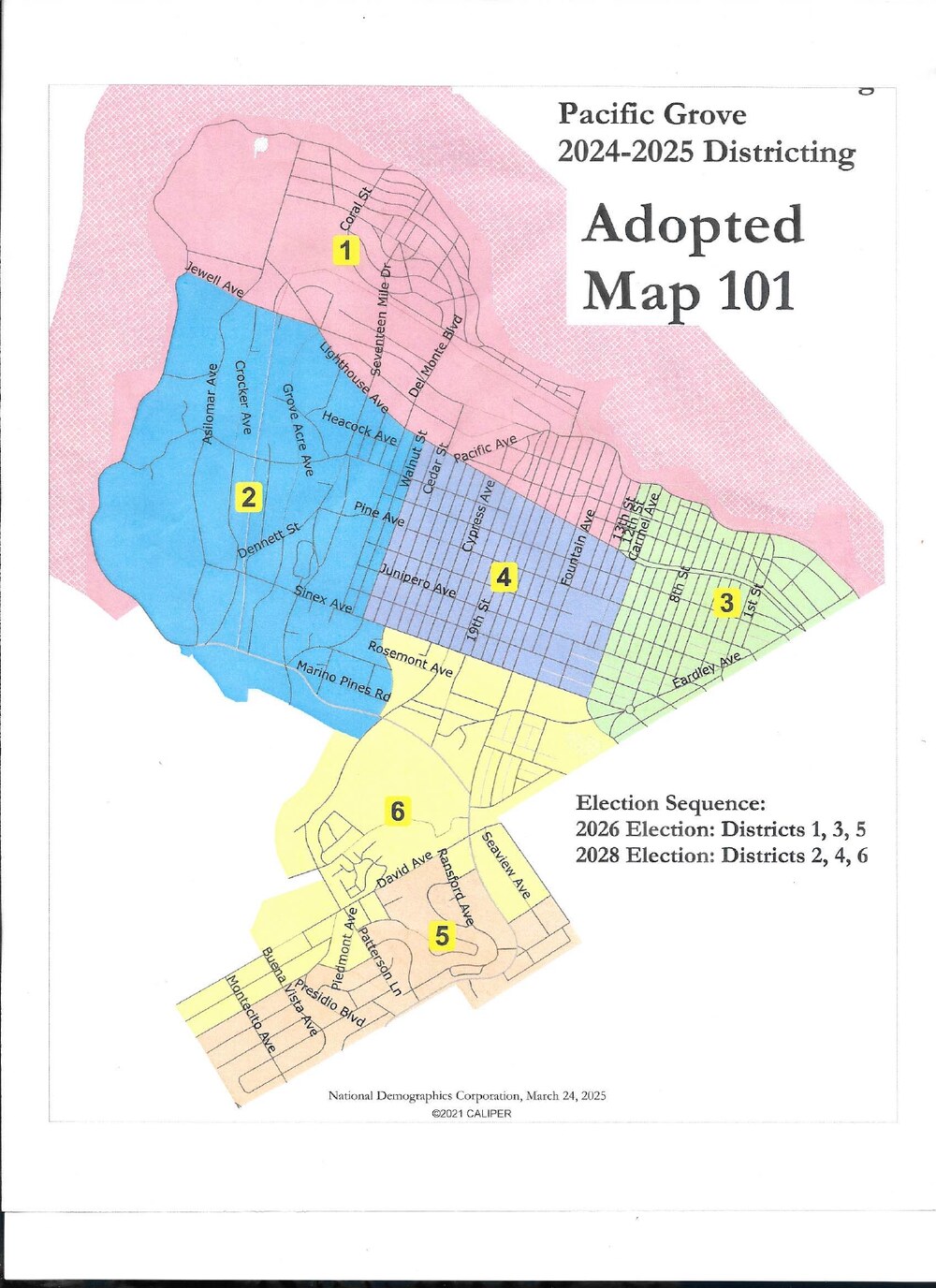 Pacific Grove adopted district map showing District 1 in pink in the northern part of the city